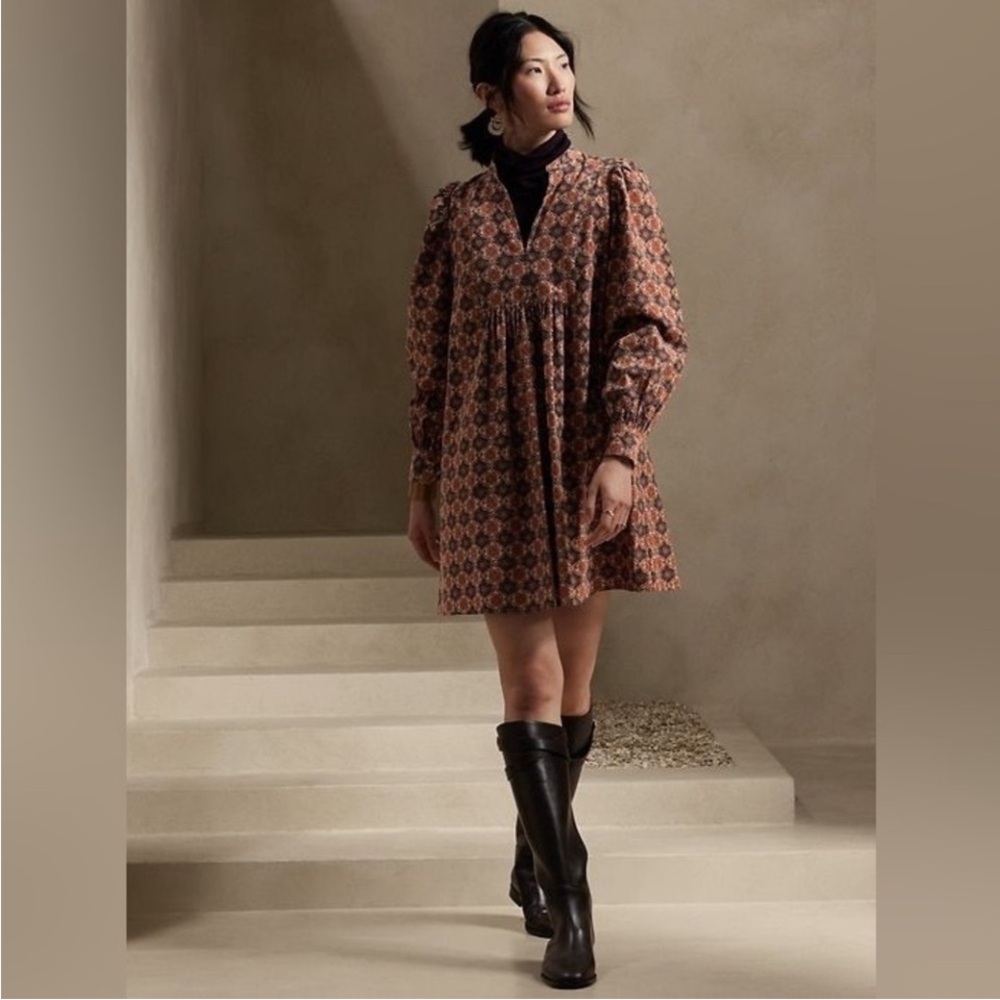Banana Republic Geometric Brown Corduroy Mini Dress nwt XS Thanksgiving